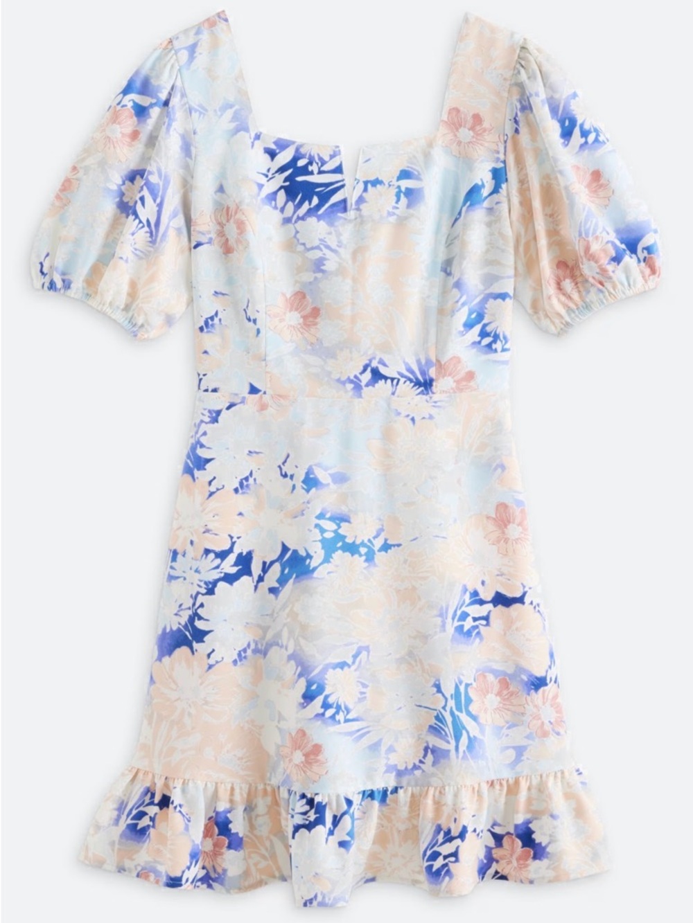 The Commons Floral Puff Sleeve Dress Blue Peach Ruffle Hem Pockets M